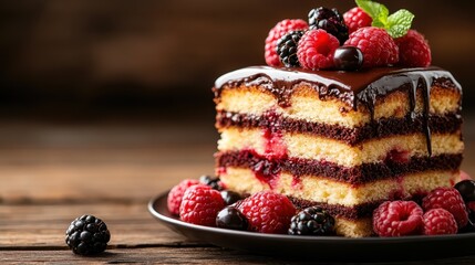 A beautifully layered cake decorated with chocolate ganache and an assortment of fresh red berries, capturing a sense of culinary excellence and inviting allure.
