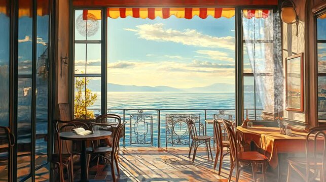 Seaside cafe with a scenic ocean view on a sunny day. Seamless looping video background