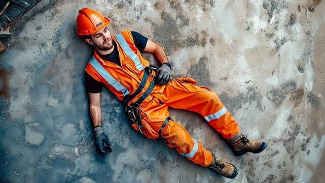 A construction site first aid worker accident, a scaffolding collapse into the concrete floor.