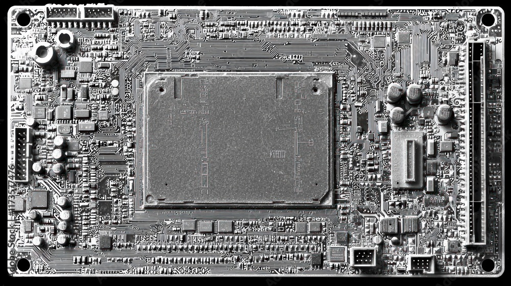 Poster high-resolution close-up of a circuit board's complex micro-architecture