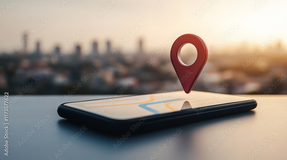 Poster Location pin hovering over smartphone displaying online map navigation with blurred city skyline in background at sunset, symbolizing modern gps technology and urban exploration