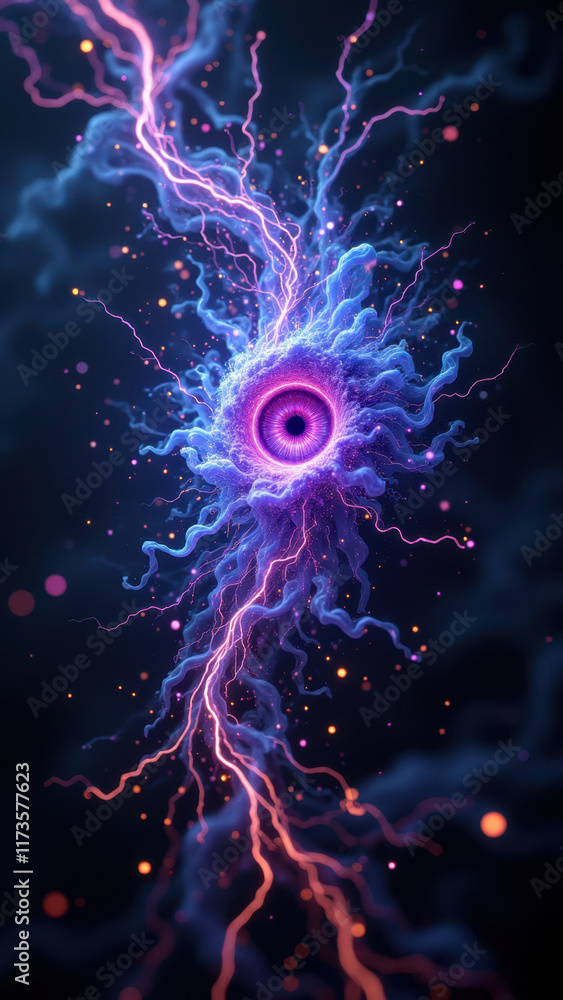 Poster a futuristic digital art illustration of an ai neural network with swirling patterns and electric en