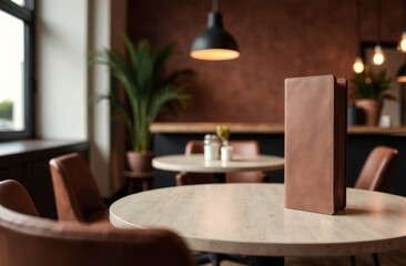 The restaurant is furnished and decorated in the mocha mousse color of the year. modern interior in mocha mousse color. trending color in business