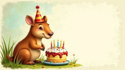 Obraz premium illustration of a happy capybara in a festive party hat sitting next to a cake, birthday card, celebration, invitation, children's party