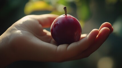 Child's hand holding ripe red plum with blurred green background