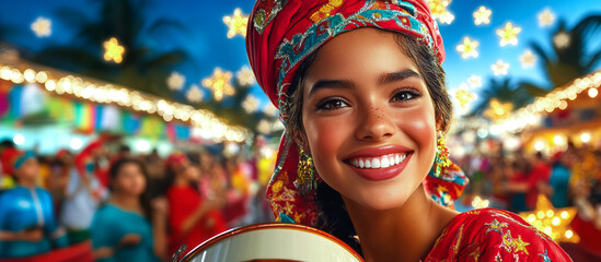 A talented musician in a colorful traditional outfit plays passionately at a lively cultural festival, surrounded by festive lights and a joyful crowd