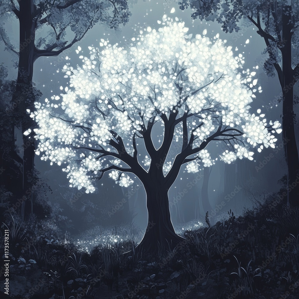 Poster a magical tree radiates light in a dark forest, creating a mystical and enchanting atmosphere.