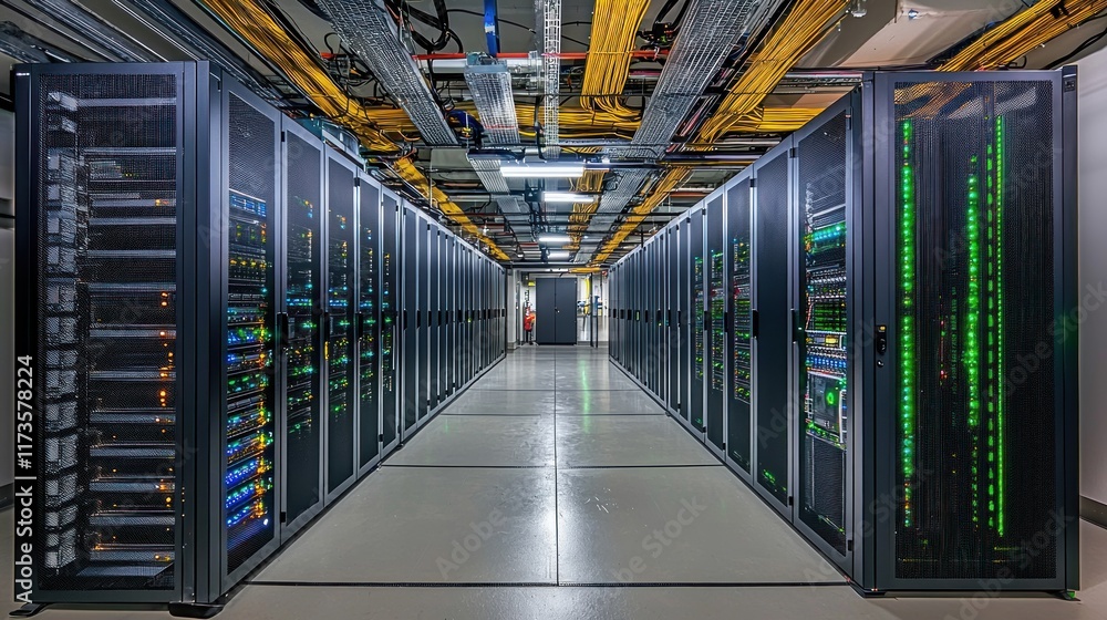 Poster high-tech server room: rows of advanced data storage units
