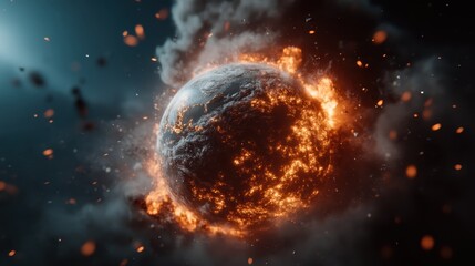 A breathtaking depiction of a planet amidst a fiery explosion, encapsulating a dramatic and intense cosmic event which conveys themes of chaos and renewal.