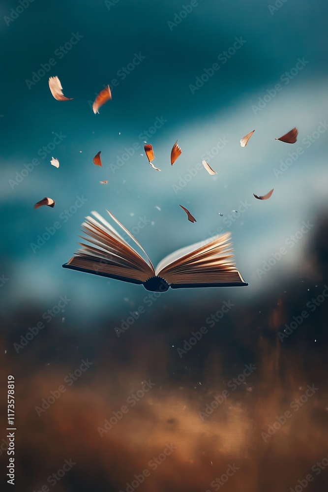 Poster a captivating image of an open book with pages floating in the air, set against a blurred, dreamy ba