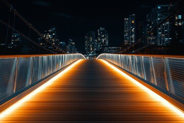 Fototapeta premium A stunning perspective of an illuminated bridge at night, leading toward a vibrant city skyline filled with colorful lights. A serene urban landscape.