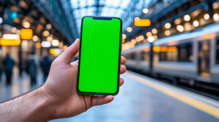 A hand holding a smartphone with a bright green screen in the foreground, framed by the clean, minimalist interior of a modern railway station with blurred trains and passengers in the background