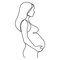 Continuous line drawing of a pregnant woman. One line drawing of a pregnant woman. Minimalist contour illustration of a happy mother.