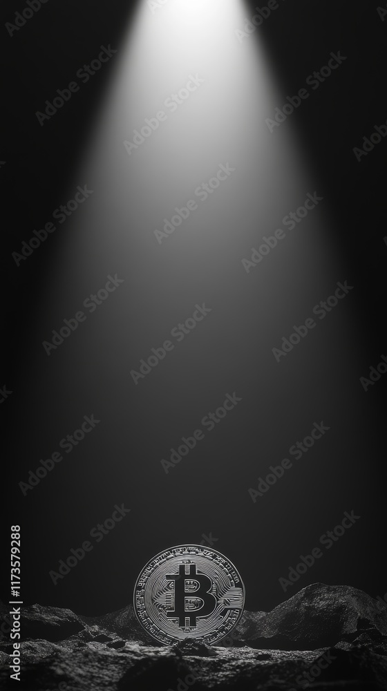 Aufkleber silver bitcoin standing on dark rocky ground with dramatic light beam shining from above creating a 