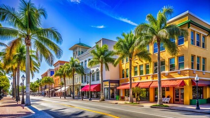 Obraz premium Sunny Florida Street Scene: Fort Myers Shopping & Palm Trees