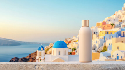 Fototapeta premium A sleek white bottle mockup standing on a stone ledge with the iconic blue-domed churches and whitewashed buildings of Santorini cascading down the cliffs in the background, under golden evening sun