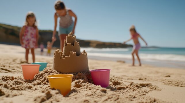Children delight in constructing a sandcastle on a sunny beach day, surrounded by bright pails, with the ocean gleaming in the background.