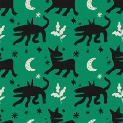 Seamless pattern with various strange creatures, imaginary monsters. Fictional, fantastic animals. Hand-drawn illustration, suitable for printing.
