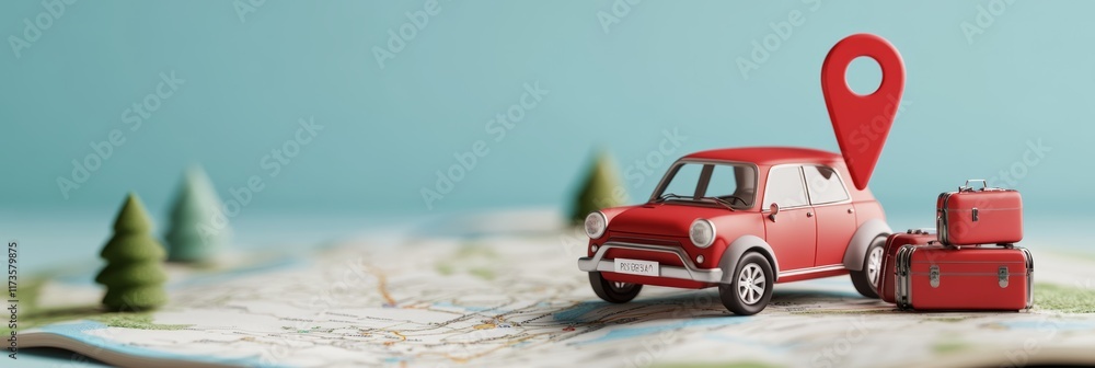 Poster miniature red car and luggage sit on a map with a location pin, representing planning a road trip or