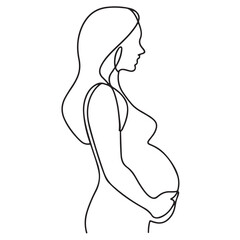 Continuous line drawing of a pregnant woman. One line drawing of a pregnant woman. Minimalist contour illustration of a happy mother.