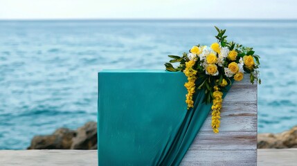 Coastal Wedding Setup with Teal Drapery and Yellow Flowers Against a Scenic Ocean Background for Romantic Celebrations or Events