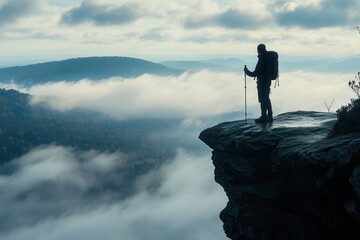 Obraz premium Caucasian male adult hiker on rocky cliff overlooking foggy mountain landscape.