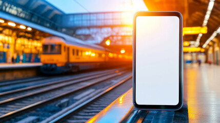 A phone with a blank screen is positioned on a train platform as a train approaches, bathed in warm light during late afternoon hours