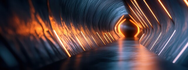 Futuristic tunnel, glowing orange energy lines, reflective floor, sci-fi corridor, neon blue lights, symmetrical perspective, dark atmosphere, cyberpunk aesthetic, sleek architecture, long hallway, dr