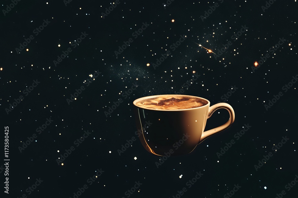 Poster a coffee cup appears to float in space, surrounded by stars and galaxies, creating a surreal and ima