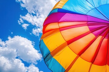Fototapeta premium Colorful parachute against blue sky and white clouds.