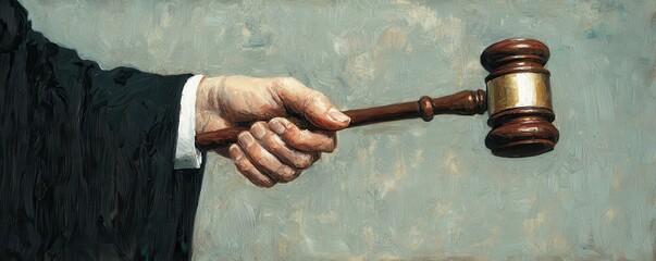 A judge's hand holds a gavel, symbolizing authority and justice in a courtroom setting.