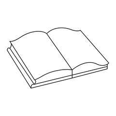 Vector black and white illustration of an open book on a white background.