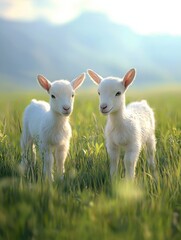 Obraz premium Twin baby goats play in a lush green field with soft sunlight illuminating the vibrant landscape during a peaceful day in the countryside. Generative AI