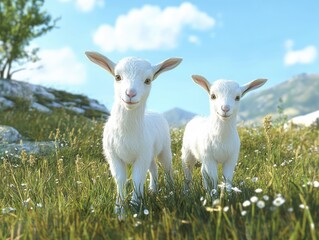 Naklejka premium Twin baby goats play in a lush green field with soft sunlight illuminating the vibrant landscape during a peaceful day in the countryside. Generative AI