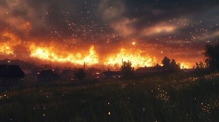 A dramatic landscape depicting a fiery horizon with smoke and glowing embers.