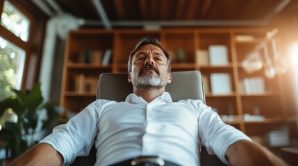 A mature man with a gray beard relaxes in a modern office setting, portraying a sense of calm and authority in a professional yet comfortable environment.