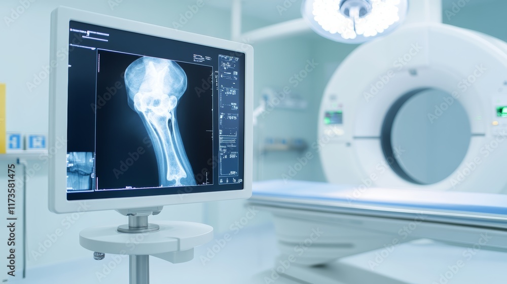 Poster modern medical monitor showing knee radiography in operating room with cat scan machine in the backg