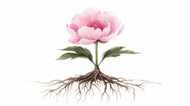 Watercolor illustration of a pink peony flower with its roots on a white background. Blossom. Illustration