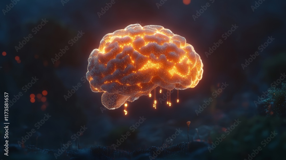 Poster an abstract representation of a glowing brain surrounded by light particles in a mystical landscape.