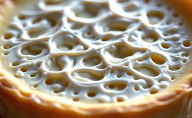 A close-up of a creamy Camembert cheese with a wedge cut out, revealing its soft, buttery interior.