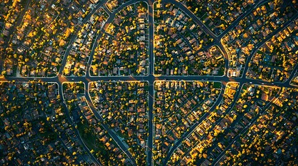 Aerial view of suburban neighborhood at sunset, showing houses, roads, and trees in a geometric pattern.