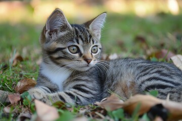 Playful kitten relaxing in autumn grass: perfect for pet lovers and nature enthusiasts.