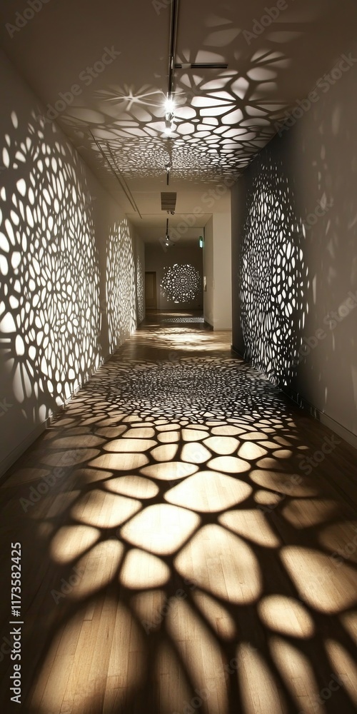 Poster explore the interplay of shadows and light in a gallery, revealing unseen objects and unique forms. 