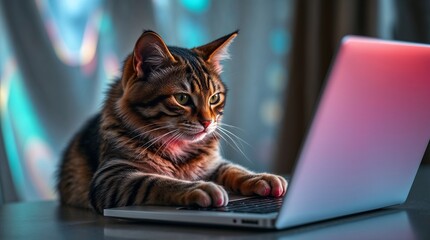 Cat Sitting with Laptop on Desk in Cozy Room at Night