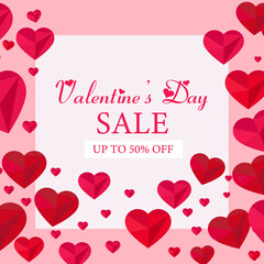 Valentine's Day sale banner with red hearts. Vector illustration.