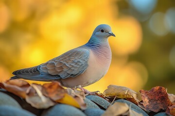 Fototapeta premium Serene dove perched on leaf-covered rooftop during autumn sunset.