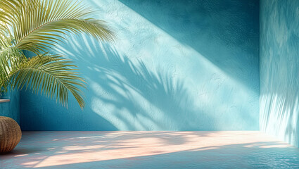 Palm Tree Leaves Shadows on Blue Wall, Pastel Floor. Summer Tropical Beach Background. Minimalist Empty Room and Walls in Bright Sunshine. 