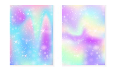 Kawaii background with rainbow princess gradient. Magic unicorn hologram.