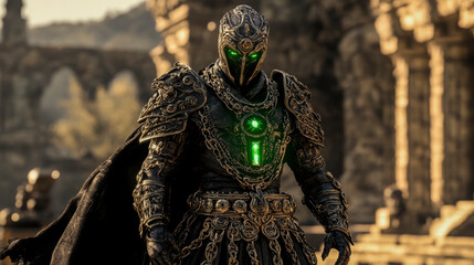 A heavily armored warrior with intricate detailing and a glowing green chest piece, standing in ancient ruins under soft sunlight.
