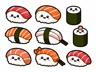 Cute kawaii sushi drawn characters with adorable facial expressions